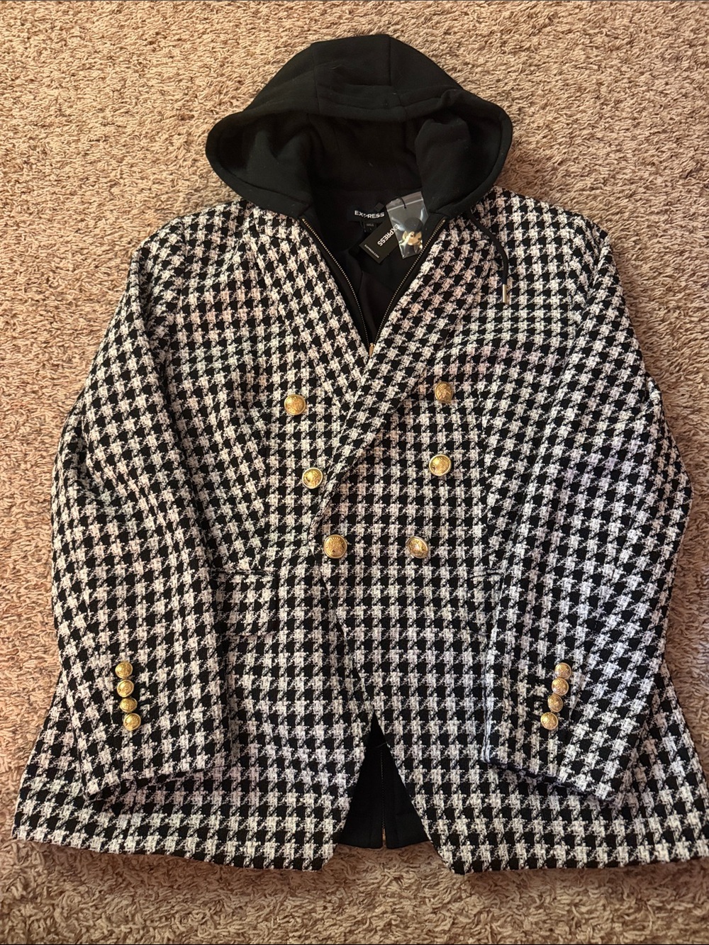 Express Black & White Houndstooth Double-Breasted Pea Coat with Hood
